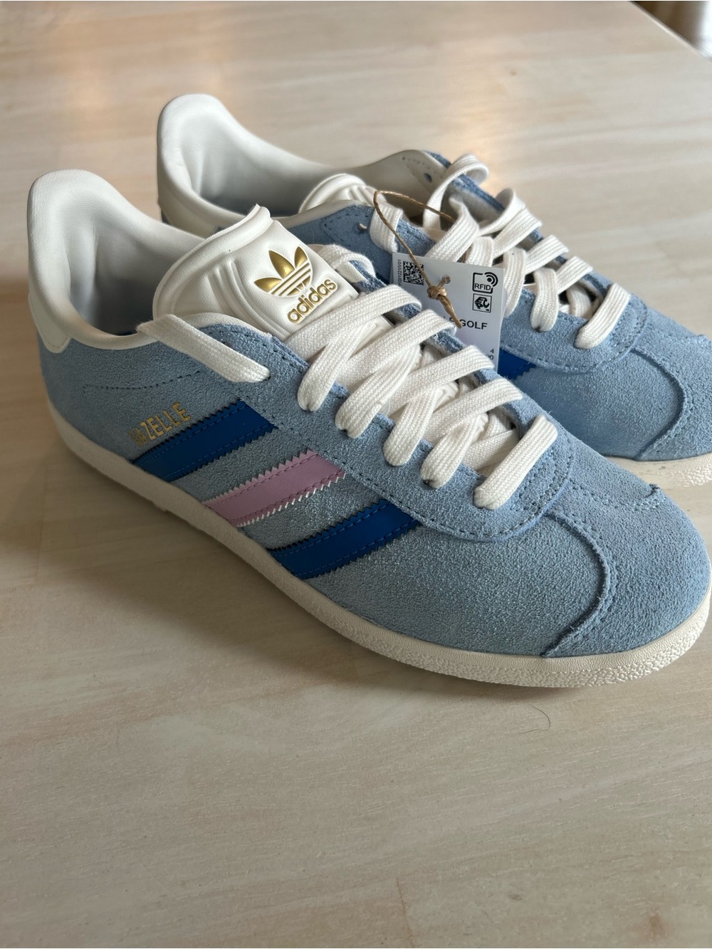 adidas Suede Sneakers in Light Blue with Navy & Pink Stripes